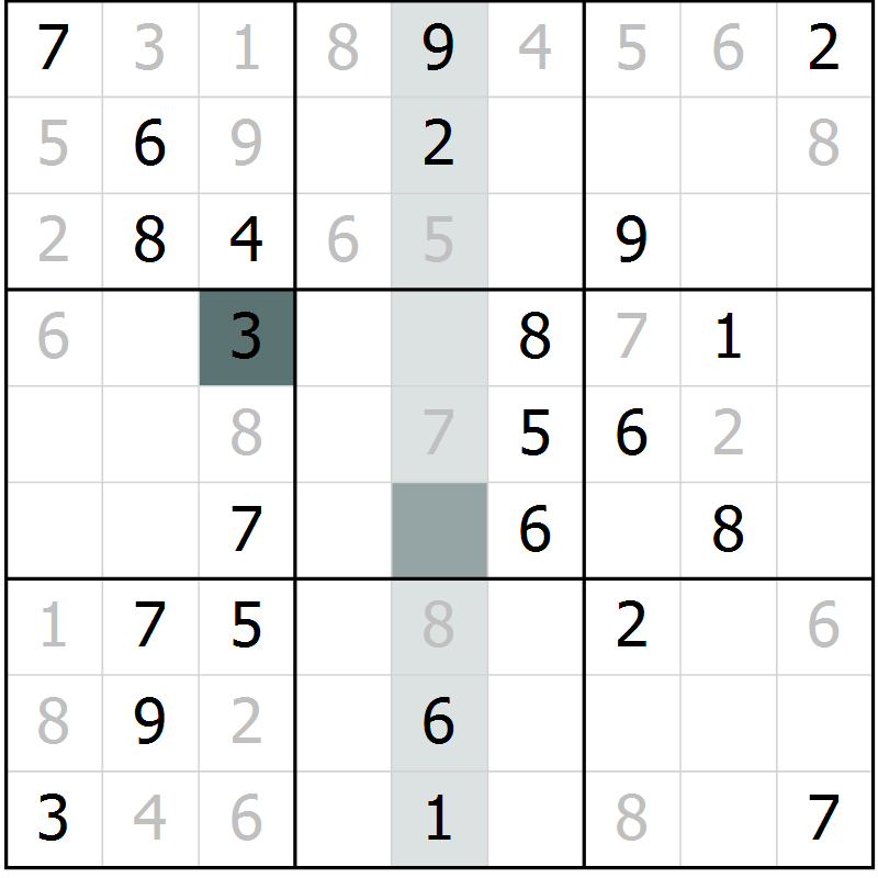 Position des candidats pour la solution de la Gr 28 page 30 du magazine de sudoku SUDOKU SUCCESS n° 022