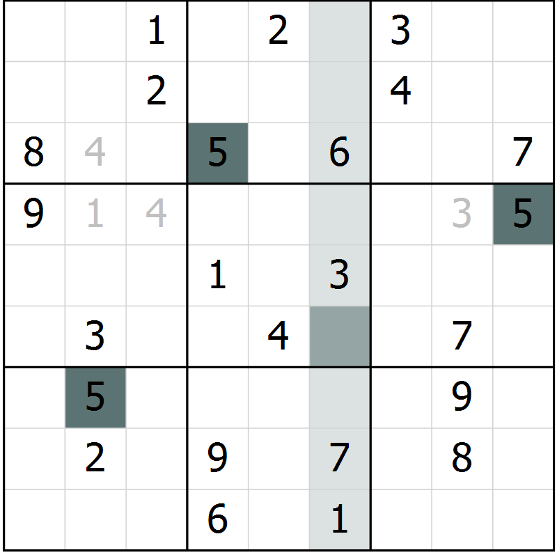 Position des candidats pour la solution de la Gr 3 page 5 du magazine de sudoku SUDOKU SUCCESS n° 022