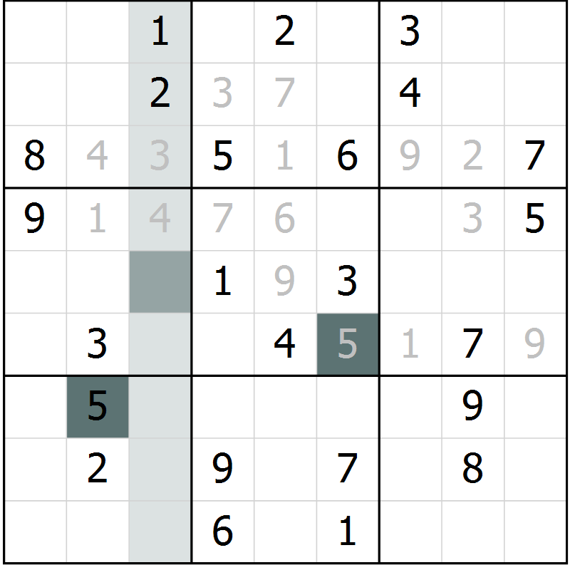Position des candidats pour la solution de la Gr 3 page 5 du magazine de sudoku SUDOKU SUCCESS n° 022