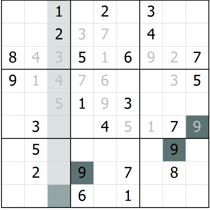 Position des candidats pour la solution de la Gr 3 page 5 du magazine de sudoku SUDOKU SUCCESS n° 022