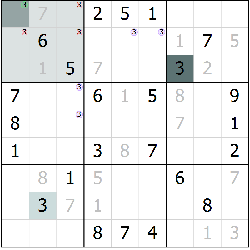 Position des candidats pour la solution de la Gr 31 page 33 du magazine de sudoku SUDOKU SUCCESS n° 022