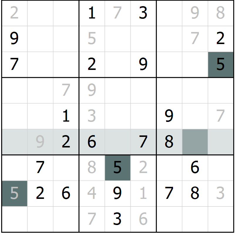 Position des candidats pour la solution de la Gr 5 page 7 du magazine de sudoku SUDOKU SUCCESS n° 022