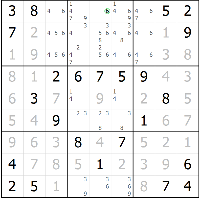 Position des candidats pour la solution de la Gr 52 page 54 du magazine de sudoku SUDOKU SUCCESS n° 022