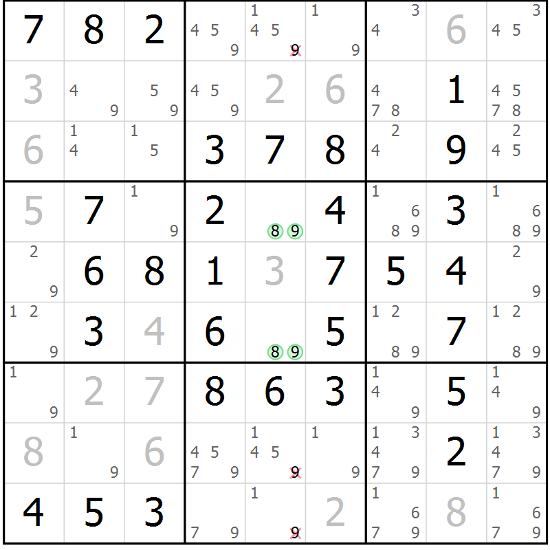 Position des candidats pour la solution de la Gr 53 page 55 du magazine de sudoku SUDOKU SUCCESS n° 022