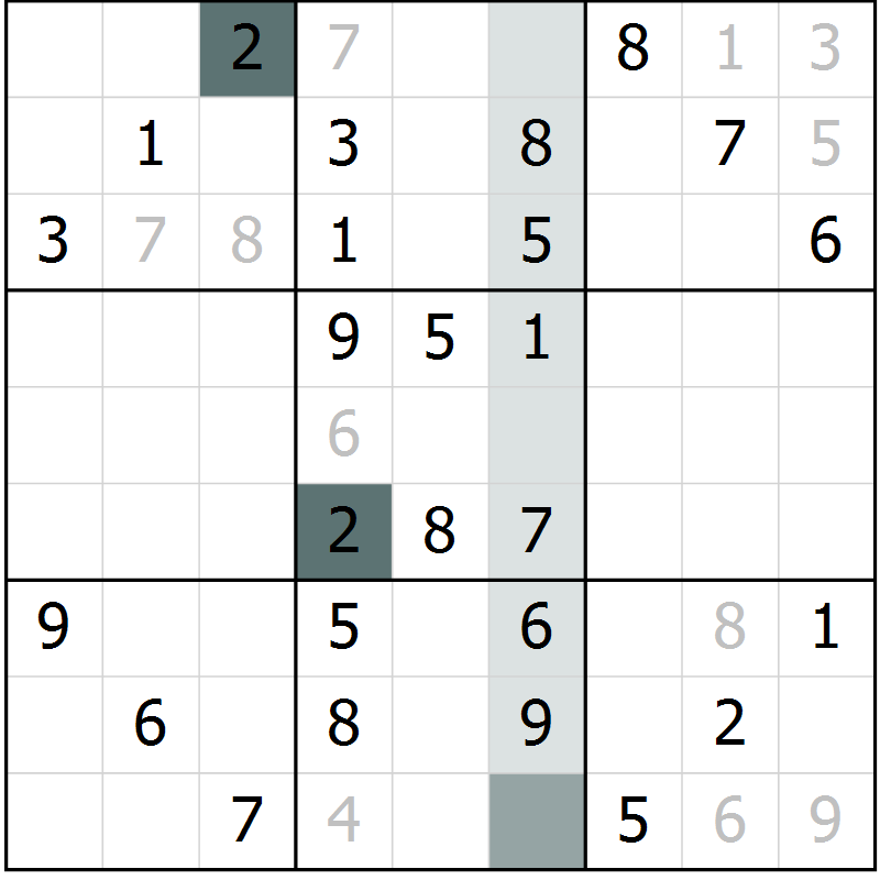 Position des candidats pour la solution de la Gr 54 page 56 du magazine de sudoku SUDOKU SUCCESS n° 022
