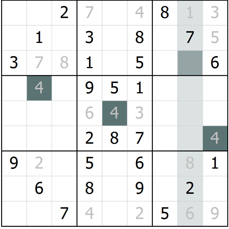 Position des candidats pour la solution de la Gr 54 page 56 du magazine de sudoku SUDOKU SUCCESS n° 022