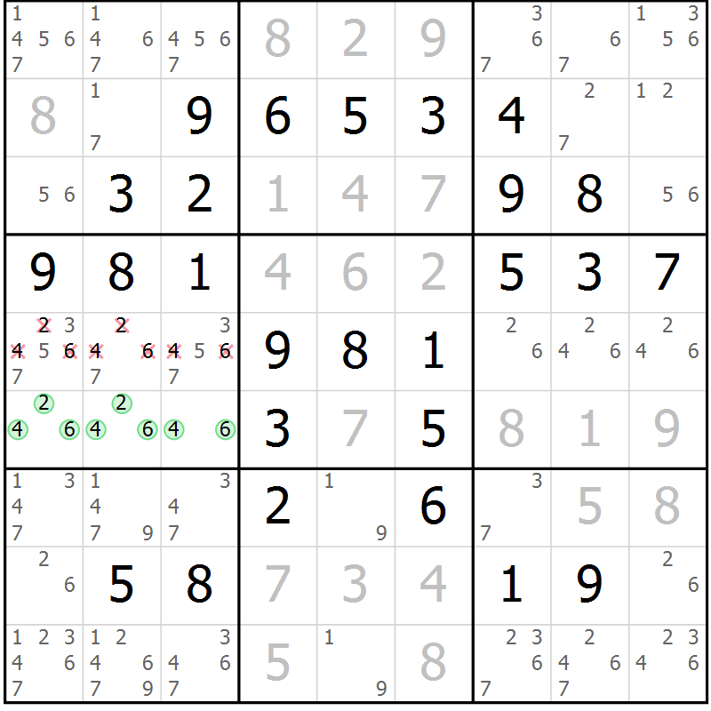 Position des candidats pour la solution de la Gr 55 page 57 du magazine de sudoku SUDOKU SUCCESS n° 022