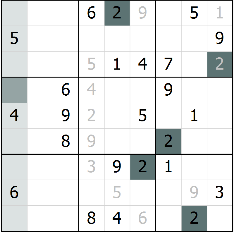 Position des candidats pour la solution de la Gr 57 page 59 du magazine de sudoku SUDOKU SUCCESS n° 022