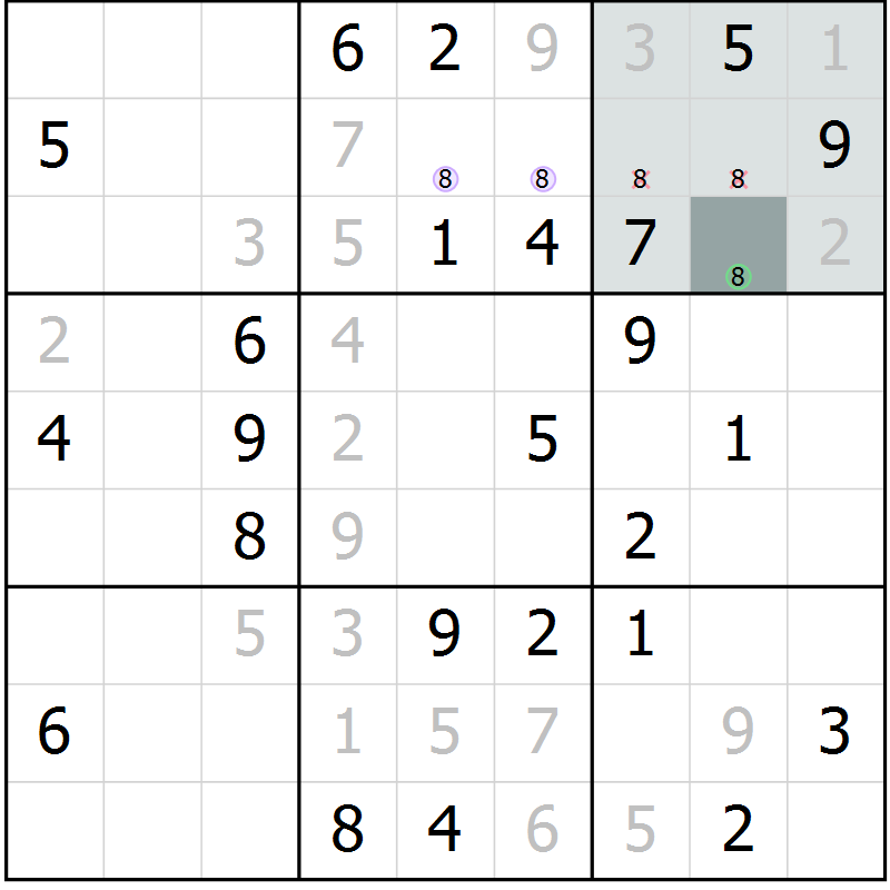 Position des candidats pour la solution de la Gr 57 page 59 du magazine de sudoku SUDOKU SUCCESS n° 022