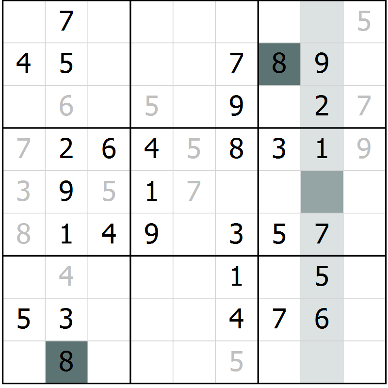 Position des candidats pour la solution de la Gr 59 page 61 du magazine de sudoku SUDOKU SUCCESS n° 022