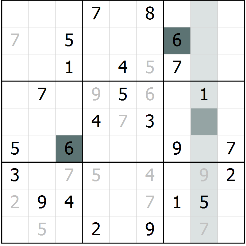 Position des candidats pour la solution de la Gr 6 page 8 du magazine de sudoku SUDOKU SUCCESS n° 022