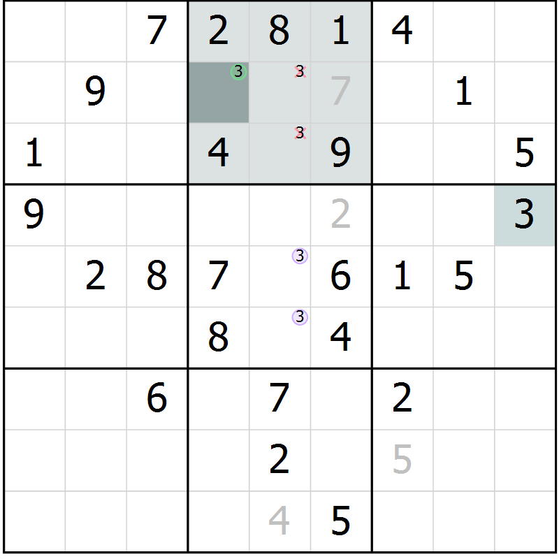 Position des candidats pour la solution de la Gr 60 page 62 du magazine de sudoku SUDOKU SUCCESS n° 022
