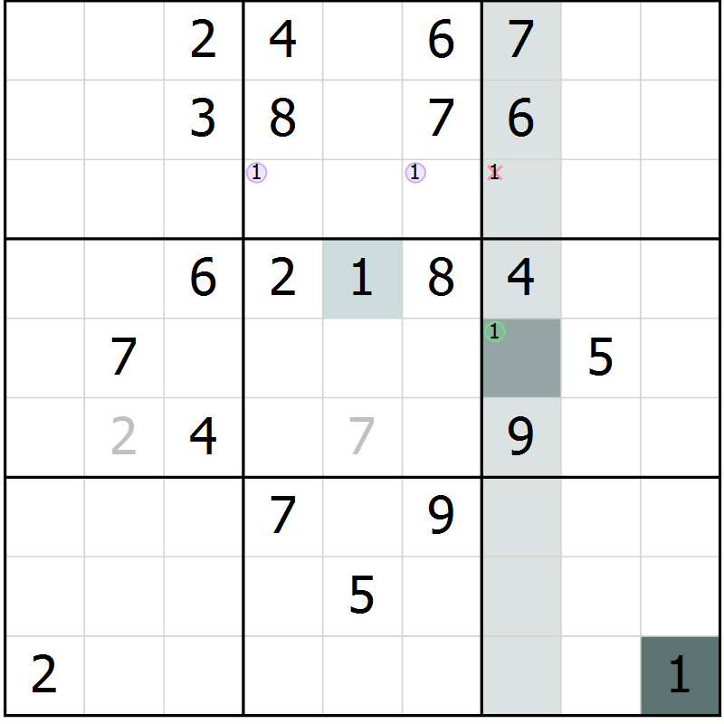 Position des candidats pour la solution de la Gr 65 page 67 du magazine de sudoku SUDOKU SUCCESS n° 022