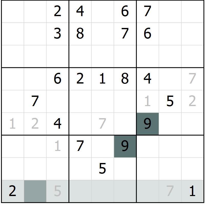 Position des candidats pour la solution de la Gr 65 page 67 du magazine de sudoku SUDOKU SUCCESS n° 022