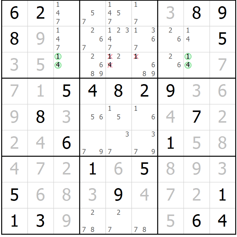Position des candidats pour la solution de la Gr 67 page 69 du magazine de sudoku SUDOKU SUCCESS n° 022