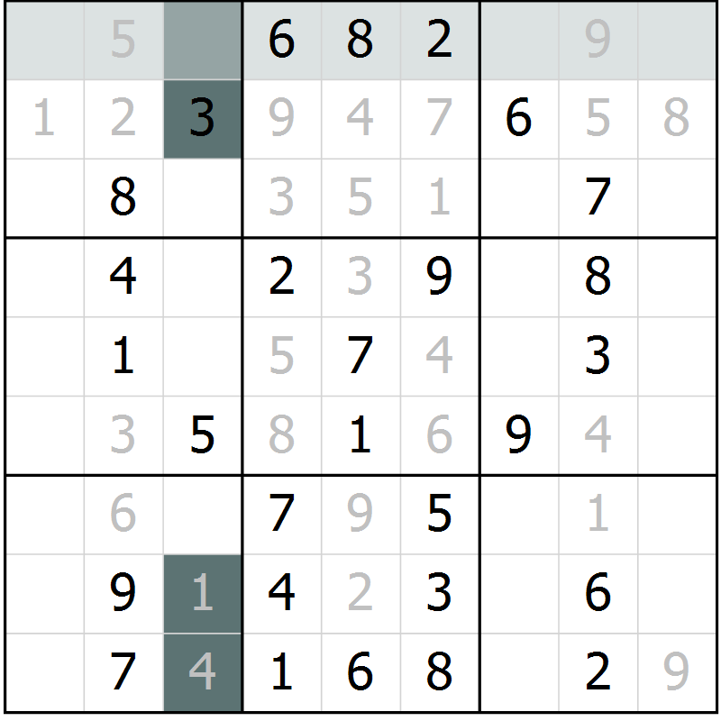 Position des candidats pour la solution de la Gr 71 page 73 du magazine de sudoku SUDOKU SUCCESS n° 022