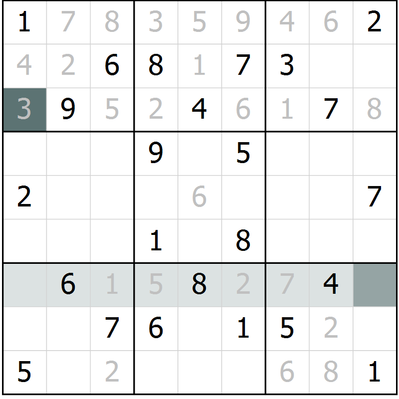 Position des candidats pour la solution de la Gr 9 page 11 du magazine de sudoku SUDOKU SUCCESS n° 022