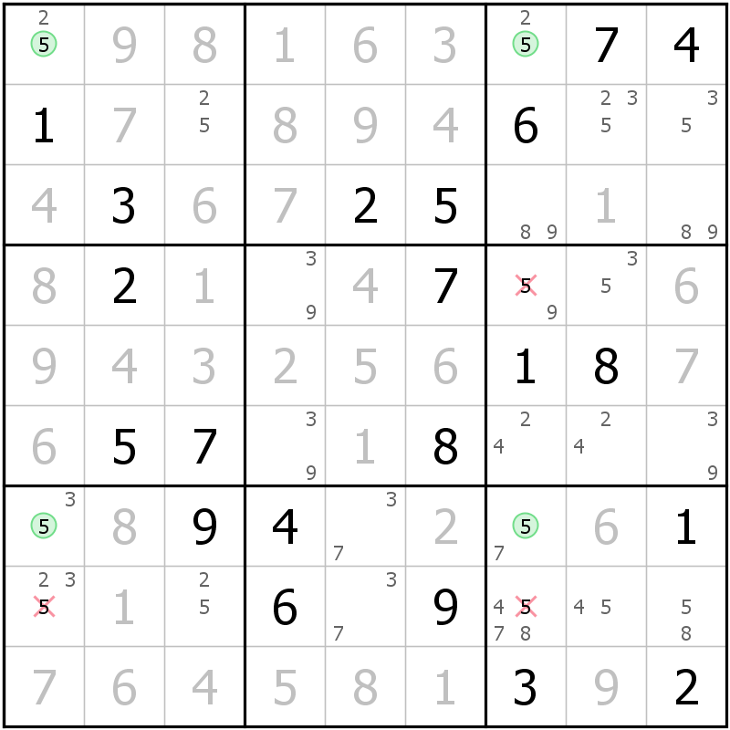 Position des candidats pour la solution de la grille page 20 du magazine de sudoku grandmaitre n° 5