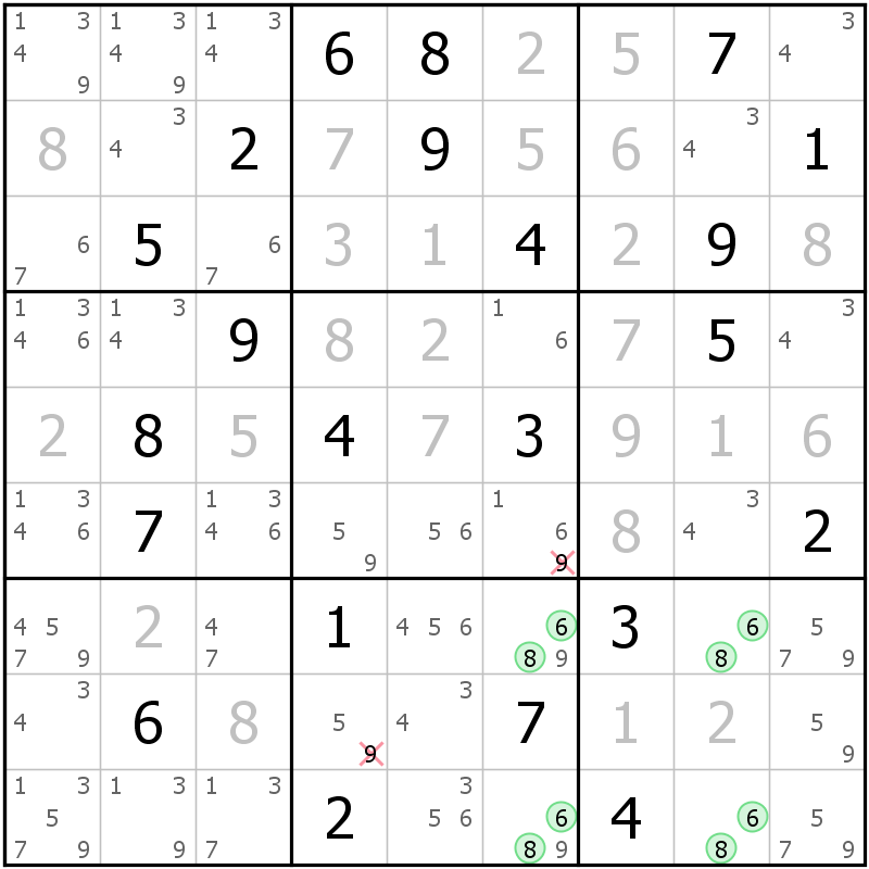 Position des candidats pour la solution de la grille page 46 du magazine de sudoku grandmaitre n° 5