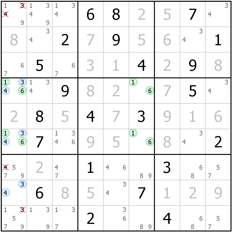 Position des candidats pour la solution de la grille page 46 du magazine de sudoku grandmaitre n° 5