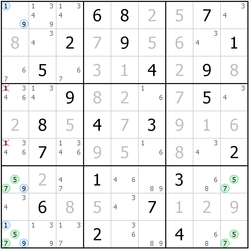 Position des candidats pour la solution de la grille page 46 du magazine de sudoku grandmaitre n° 5