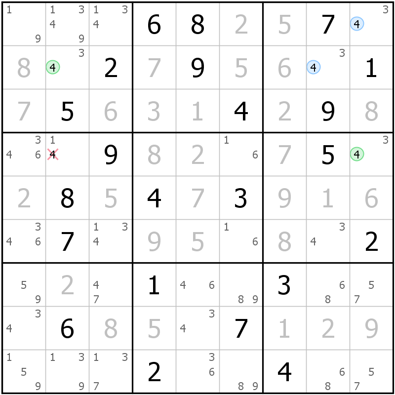 Position des candidats pour la solution de la grille page 46 du magazine de sudoku grandmaitre n° 5