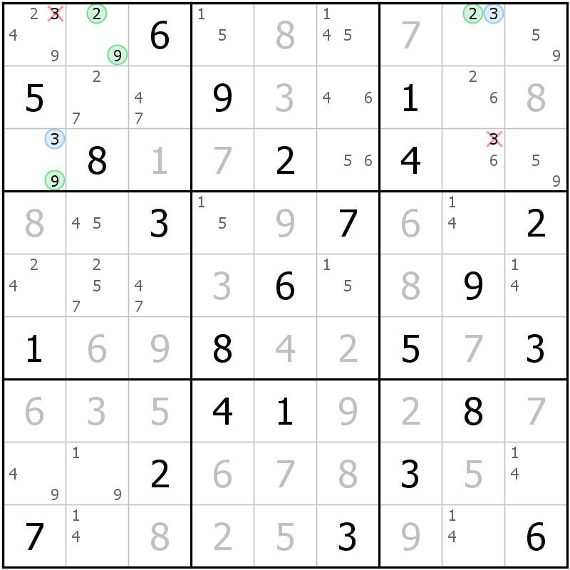 Position des candidats pour la solution de la grille page 56 du magazine de sudoku grandmaitre n° 5