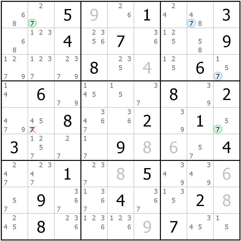 Position des candidats pour la solution de la grille page 57 du magazine de sudoku grandmaitre n° 5