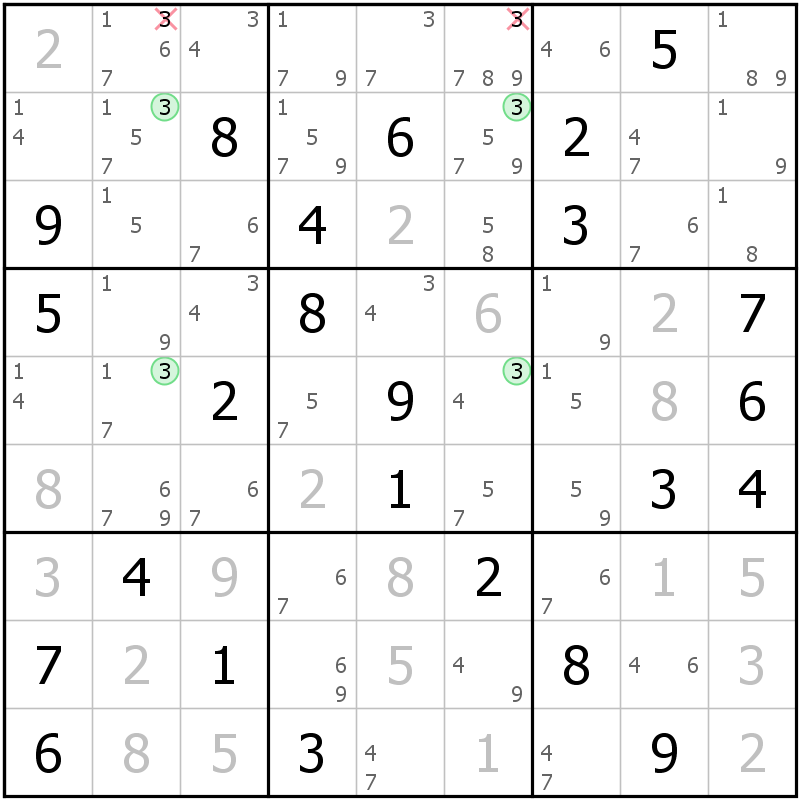 Position des candidats pour la solution de la grille page 61 du magazine de sudoku grandmaitre n° 5