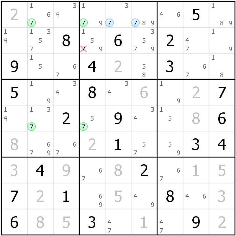 Position des candidats pour la solution de la grille page 61 du magazine de sudoku grandmaitre n° 5