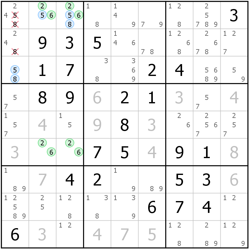 Position des candidats pour la solution de la grille page 68 du magazine de sudoku grandmaitre n° 5