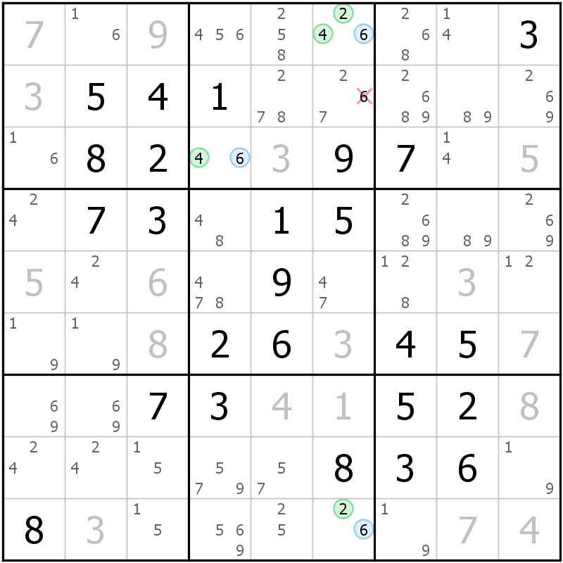 Position des candidats pour la solution de la grille page 69 du magazine de sudoku grandmaitre n° 5