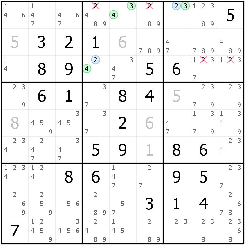 Position des candidats pour la solution de la grille page 70 du magazine de sudoku grandmaitre n° 5