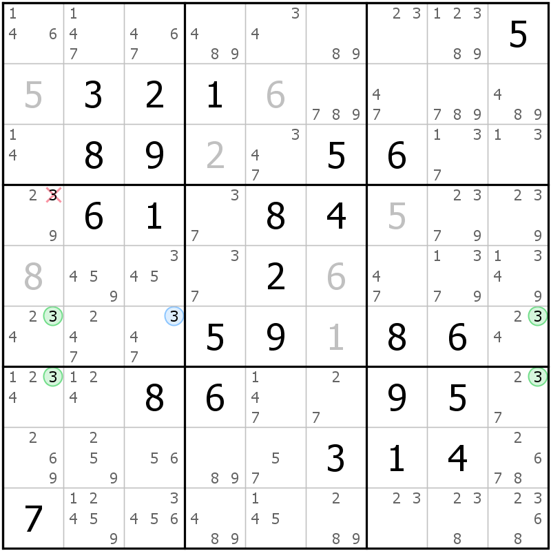 Position des candidats pour la solution de la grille page 70 du magazine de sudoku grandmaitre n° 5