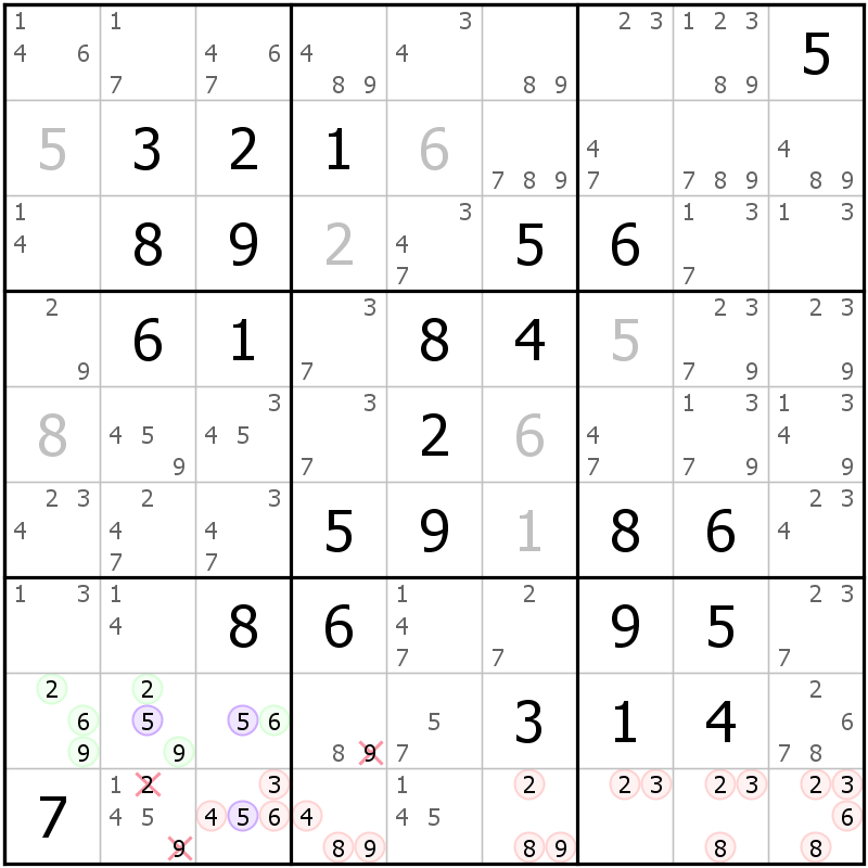 Position des candidats pour la solution de la grille page 70 du magazine de sudoku grandmaitre n° 5