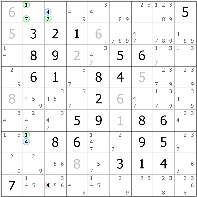 Position des candidats pour la solution de la grille page 70 du magazine de sudoku grandmaitre n° 5