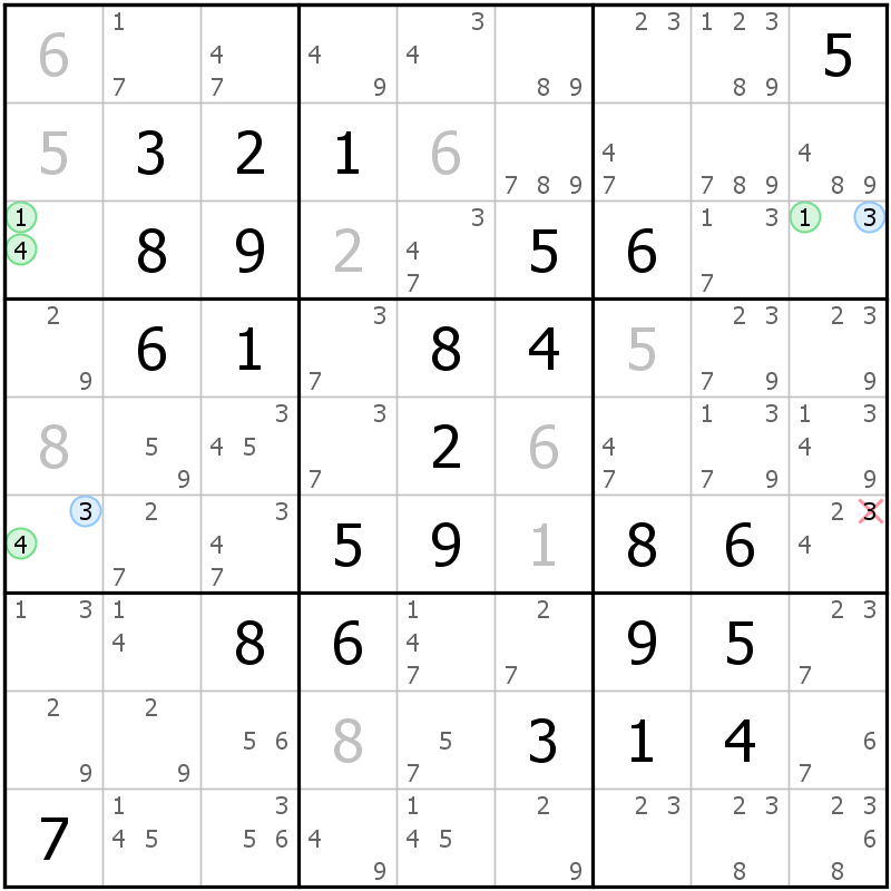 Position des candidats pour la solution de la grille page 70 du magazine de sudoku grandmaitre n° 5