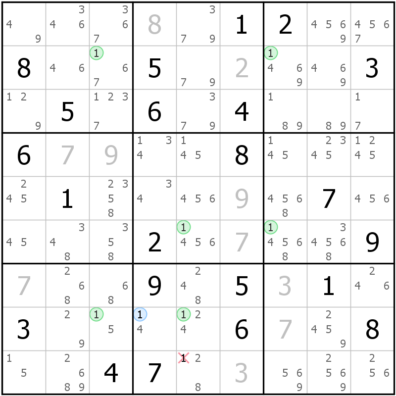 Position des candidats pour la solution de la grille page 32 du magazine de sudoku grandmaitre n° 6