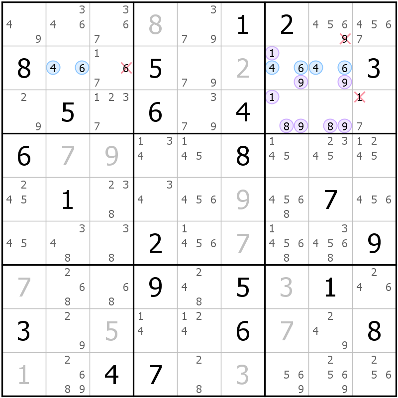 Position des candidats pour la solution de la grille page 32 du magazine de sudoku grandmaitre n° 6