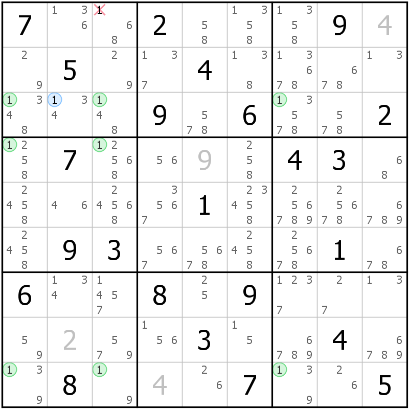 Position des candidats pour la solution de la grille page 34 du magazine de sudoku grandmaitre n° 6