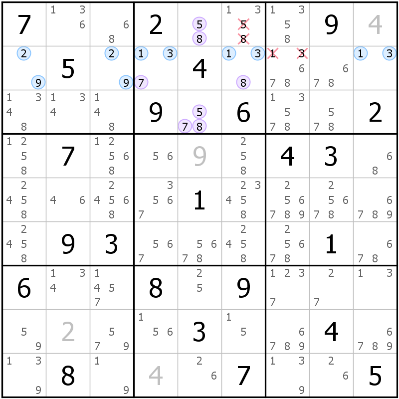 Position des candidats pour la solution de la grille page 34 du magazine de sudoku grandmaitre n° 6