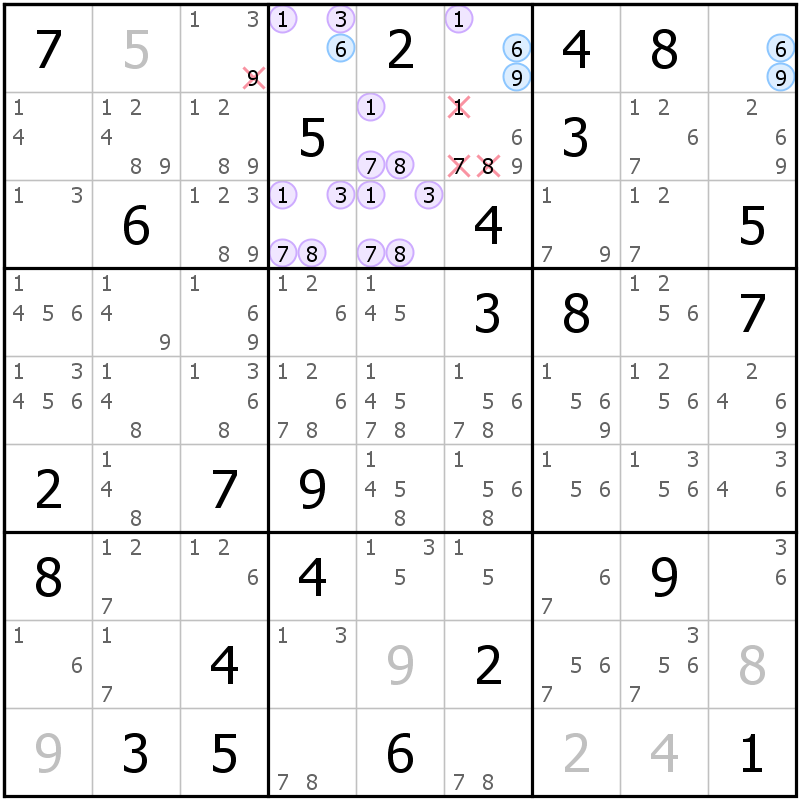 Position des candidats pour la solution de la grille page 35 du magazine de sudoku grandmaitre n° 6