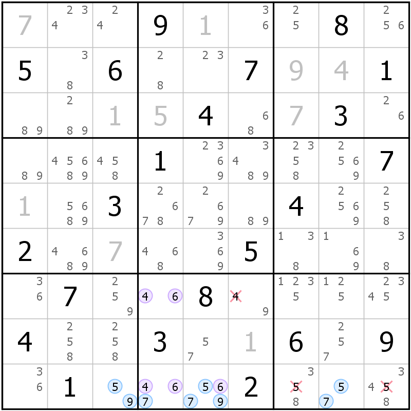 Position des candidats pour la solution de la grille page 39 du magazine de sudoku grandmaitre n° 6