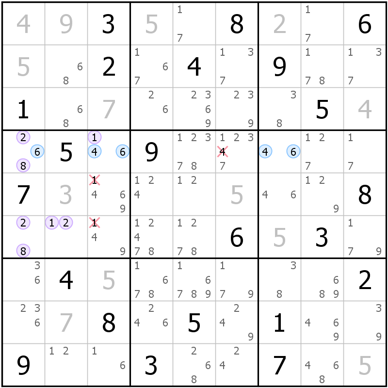 Position des candidats pour la solution de la grille page 40 du magazine de sudoku grandmaitre n° 6