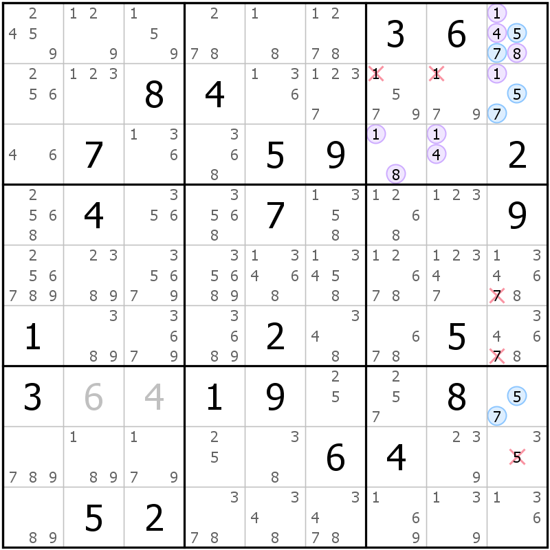 Position des candidats pour la solution de la grille page 41 du magazine de sudoku grandmaitre n° 6