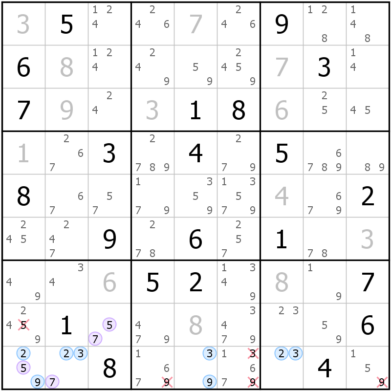 Position des candidats pour la solution de la grille page 42 du magazine de sudoku grandmaitre n° 6