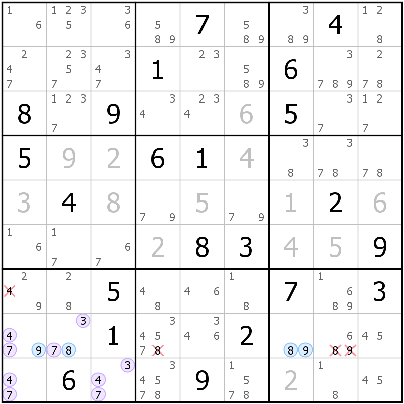 Position des candidats pour la solution de la grille page 43 du magazine de sudoku grandmaitre n° 6