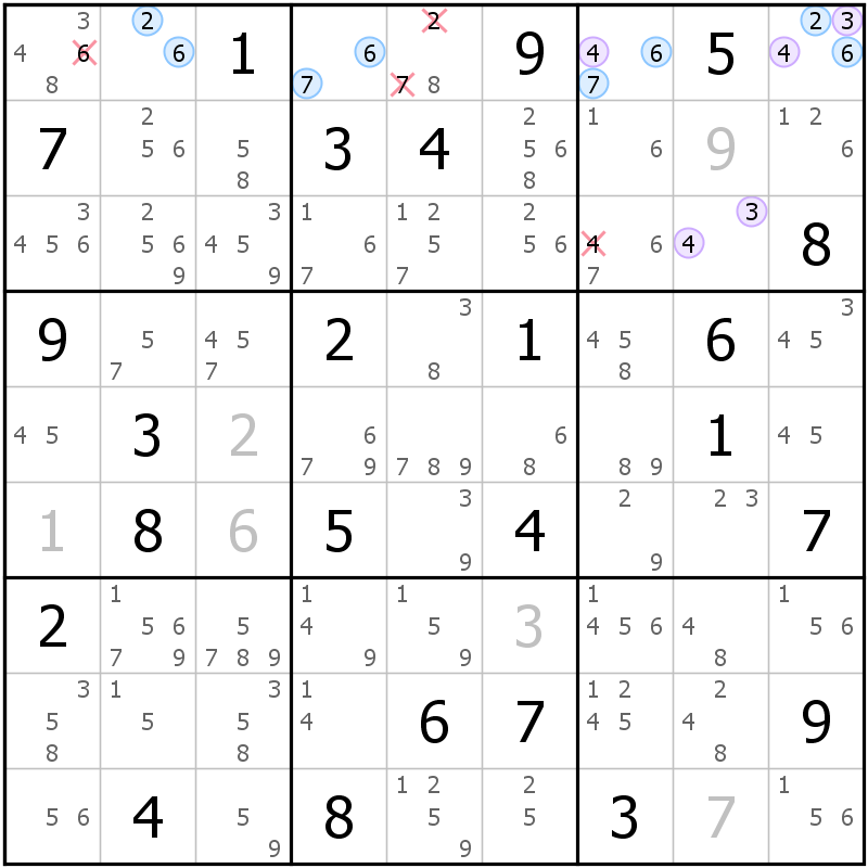 Position des candidats pour la solution de la grille page 44 du magazine de sudoku grandmaitre n° 6