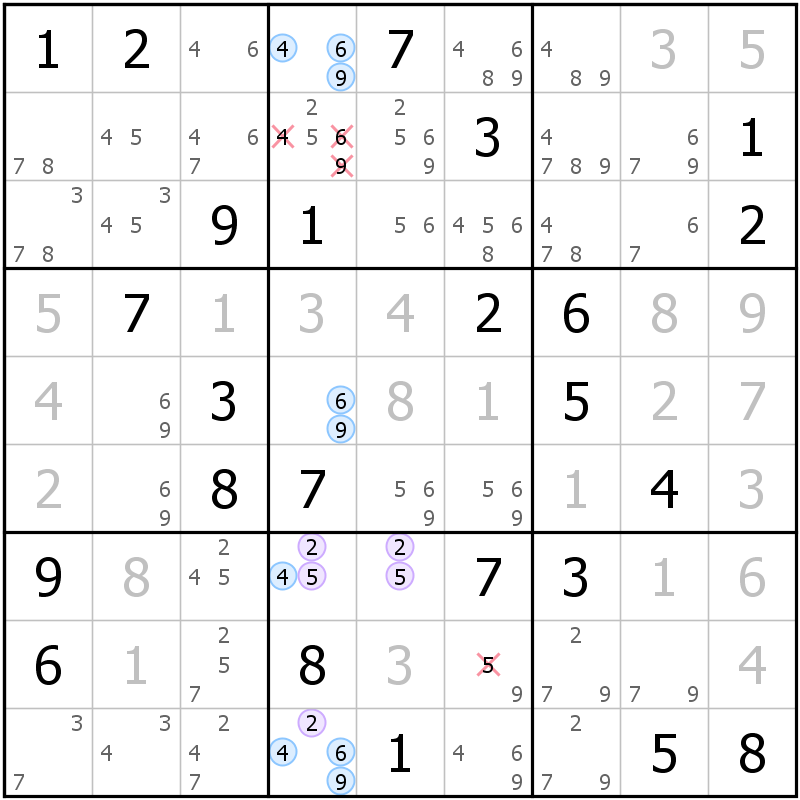 Position des candidats pour la solution de la grille page 45 du magazine de sudoku grandmaitre n° 6