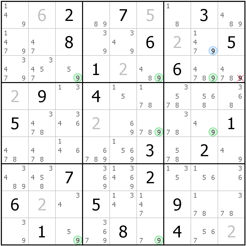 Position des candidats pour la solution de la grille page 47 du magazine de sudoku grandmaitre n° 6